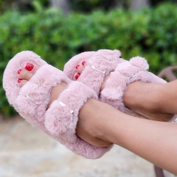 Women's Around Furry‎ Fluffy Flat Slippers Pink Mauve Color - Picture 1 of 4